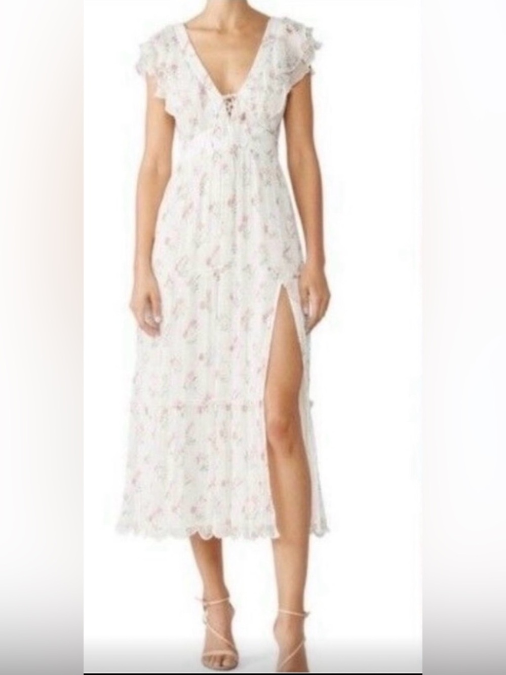 HEMANT & NANDITA Womens Size Medium Blush Floral Midi Dress Feminine Ruffle Tie